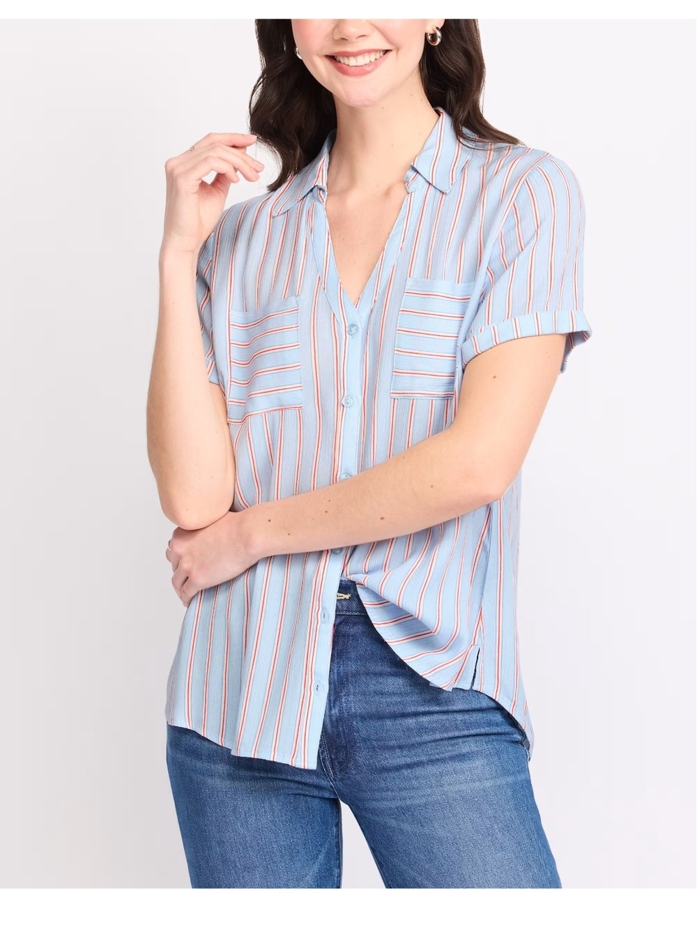 Fortune + Ivy Candace Striped Tie Front Blouse Blue Coral Large NWT